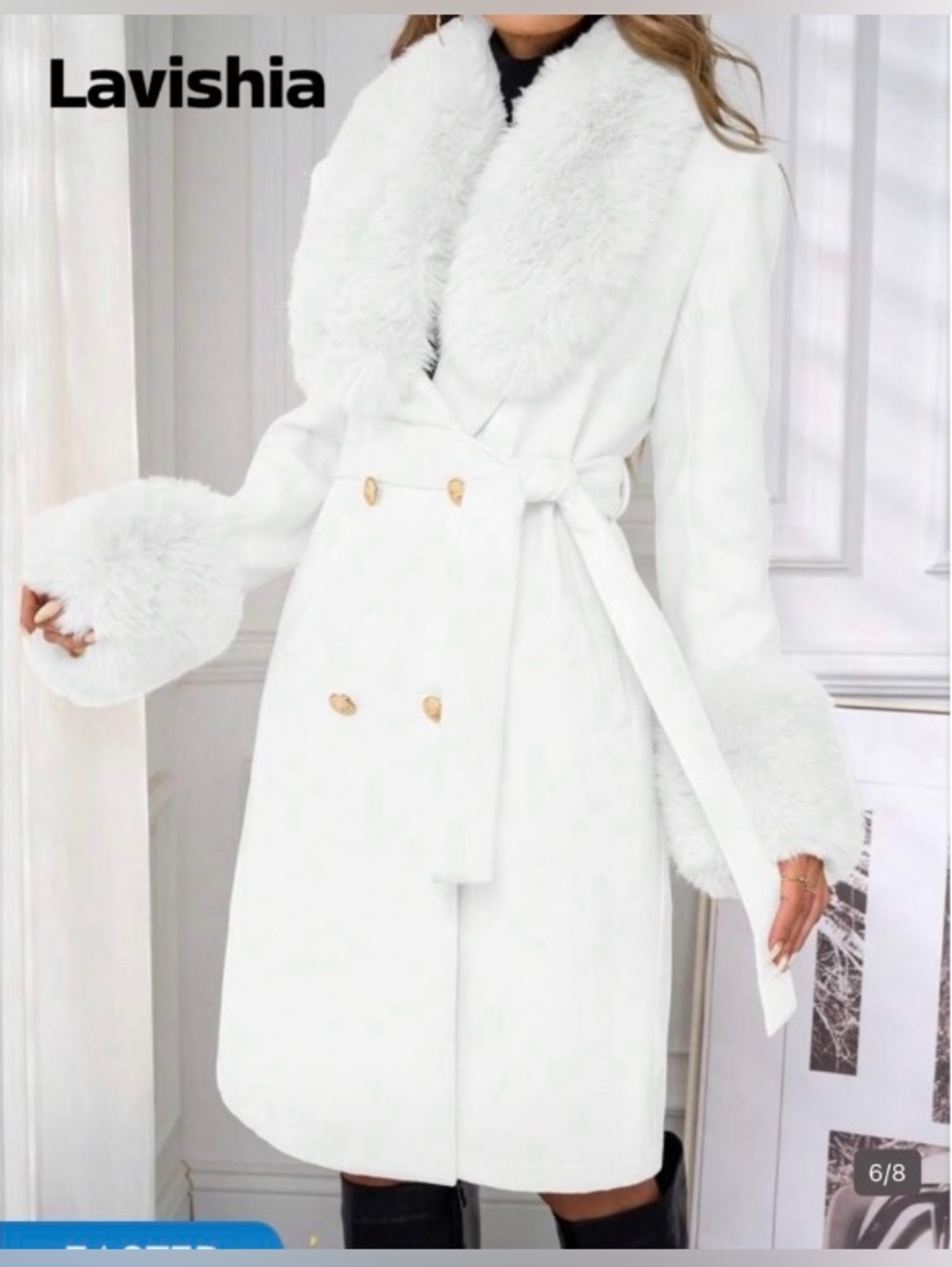 NEW SHEIN Lavish White Faux-Fur Trim Double-Breasted Trench Coat Size L NWOT